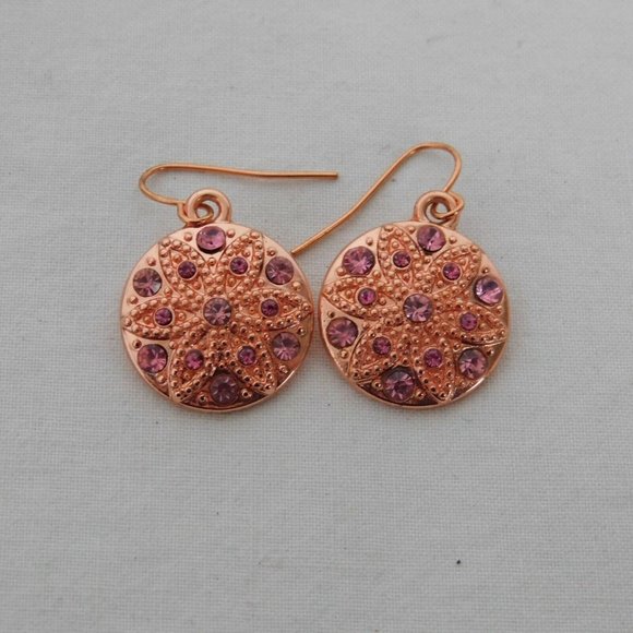 Handmade Earrings Round Sand Dollar Rose Gold Tone Purple Rhinestones 3/4" Dia. - Picture 1 of 3